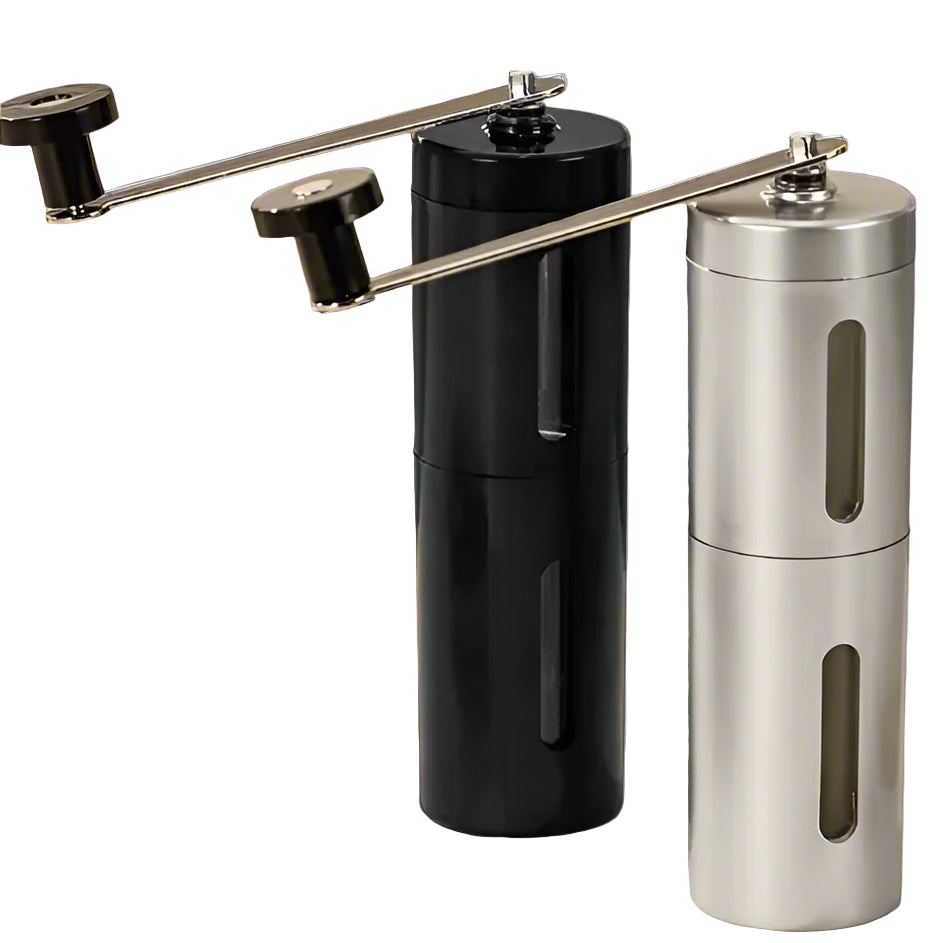 Black and silver manual coffee grinders on a kitchen counter.